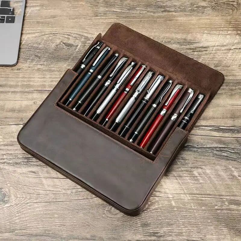 NONE Crazy Horse Leather Large Capacity Pencil Case with 12 Slots Handmade Student Office Stationery Pen Storage Box Business Gifts