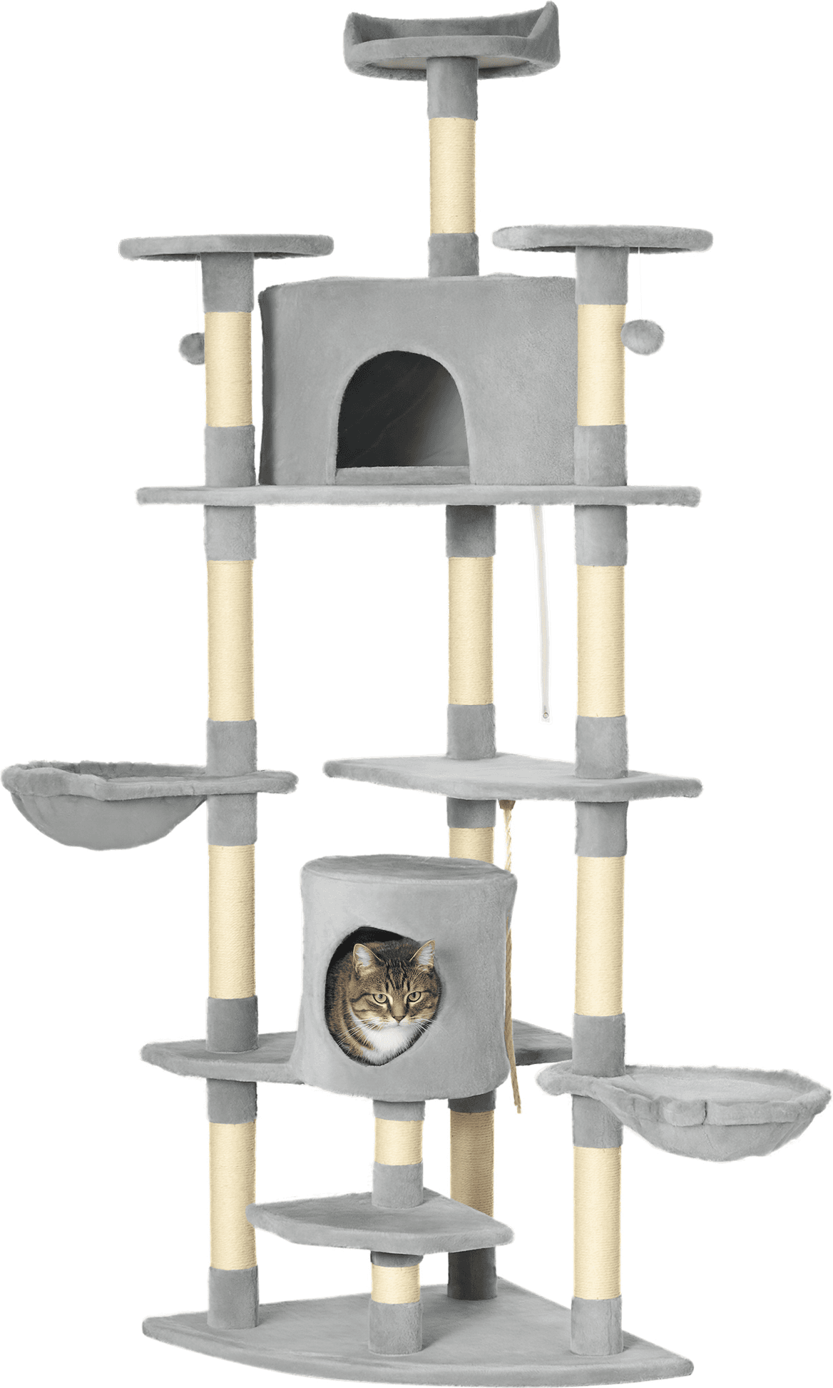 Pawhut Tiragraffi per Gatti Alto con Casette e Amache Spazioso 60x60x200cm in Grigio Chiaro per Divertimento e Relax dei Tuoi Felini Aosom