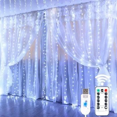 Inspired Living AuroraGlow LED Curtain Lights USB Fairy Curtain With Remote & 8 Modes white Lights 3m(w)x3m(h) 300 Leds