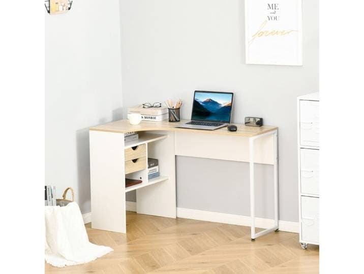 Bureau d'angle en L aspect chêne clair 120x60cm avec 2 tiroirs et 3 compartiments étude et travail à la maison
