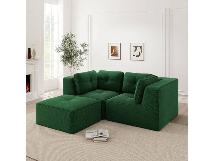 Canapé d'angle modulaire - Velours côtelé - Vert - 208x177x69 cm - Repose-pieds amovible - Design modulaire