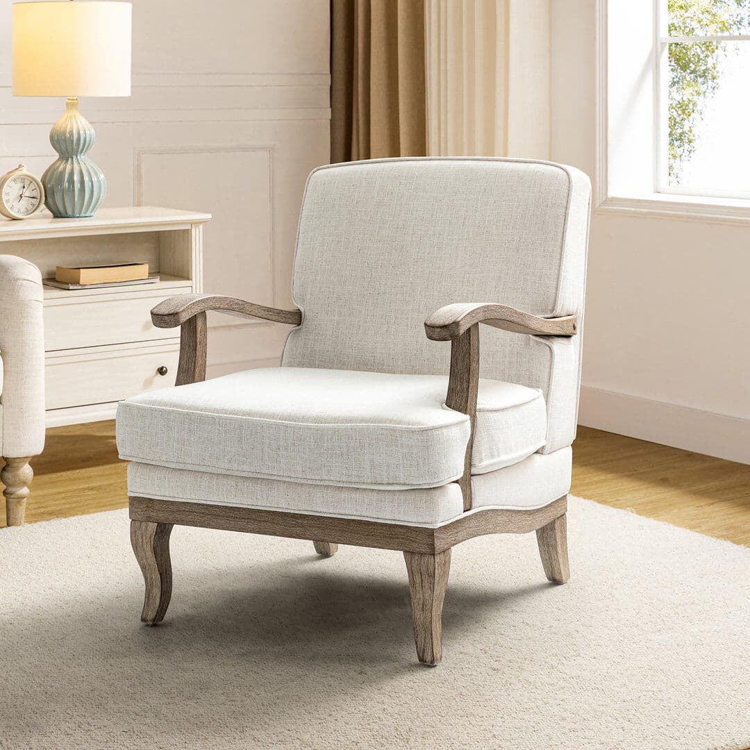 August Grove Amilio 71.1cm W Farmhouse Polyester Armchair with Solid Wood Legs Ivory 88.9cm H X 71cm W X 80cm D