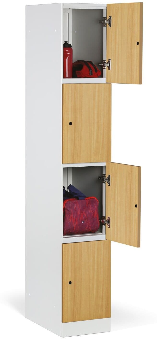 B2B Partner Šatníková skrinka S1 s úložnými boxmi, 4 boxy, 1850 x 300 x 500 mm, demont, mechanický kódový zámok, laminované dvere, biela