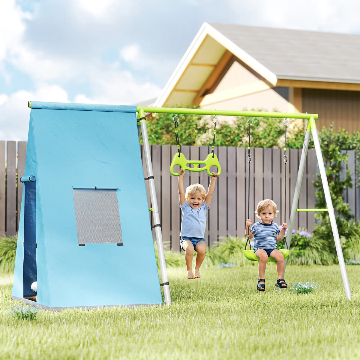 Aiyaplay 3-in-1 Set altalena, tenda da gioco, altalena, anelli da ginnastica, metallo, plastica, verde   Aosom Italy