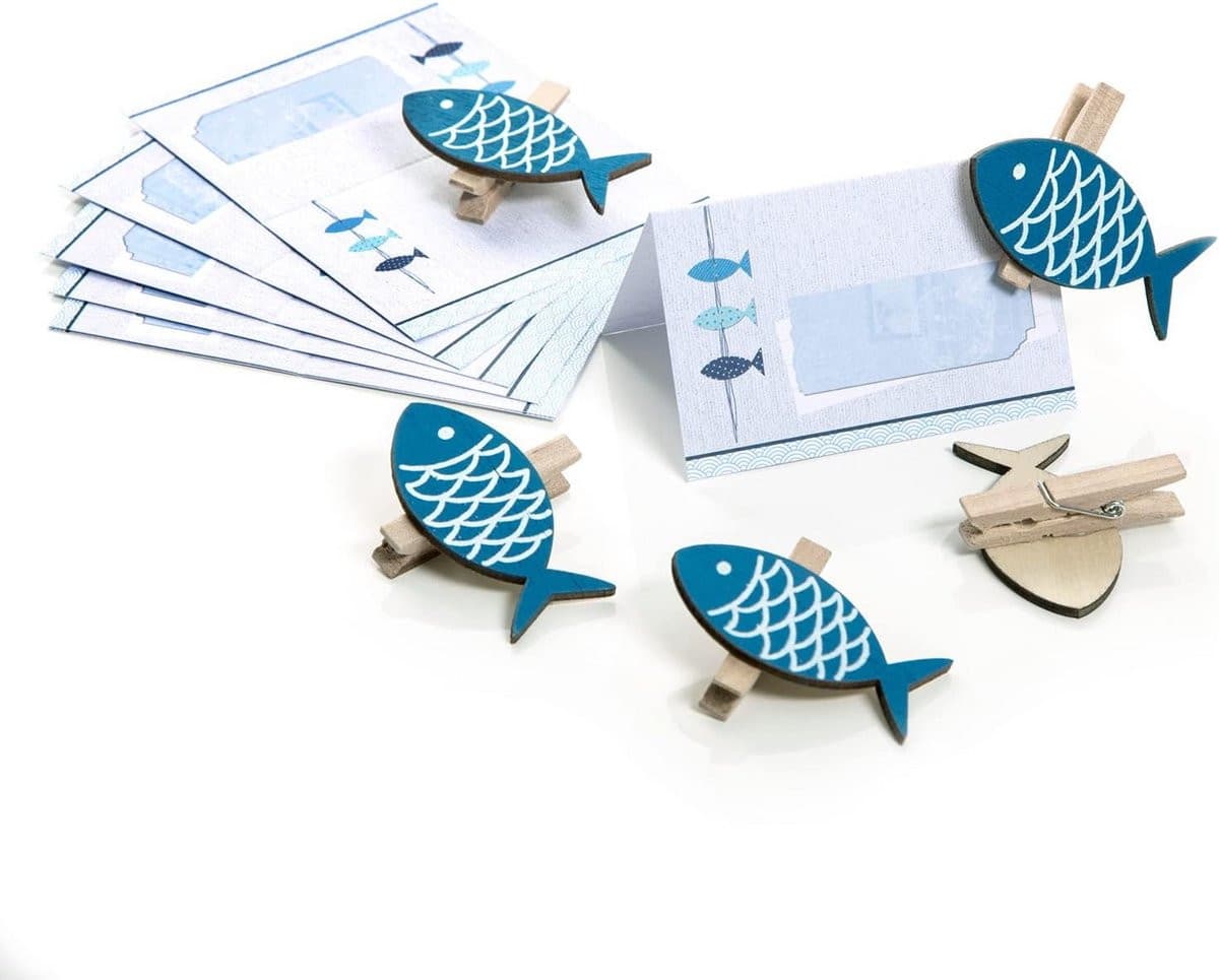 12 Blauw Turquoise Vissen Tafelkaarten met Houten Klemmen voor Tafeldecoratie en Gastgeschenken