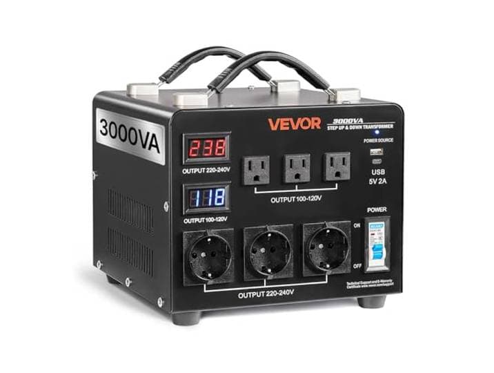 VEVOR Transformateur 220 V à 110 V et 110 V à 220 V\, Transformateur de Tension Élévateur Abaisseur Auto\, 3000 VA\, avec 3 Prises US\, 3 Prises EU\, Écran LCD\, Cordon Alimentation\, Protection Disjoncteur