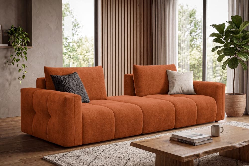 Courtois Laville Canapé 4 places avec pouf, tissu orange