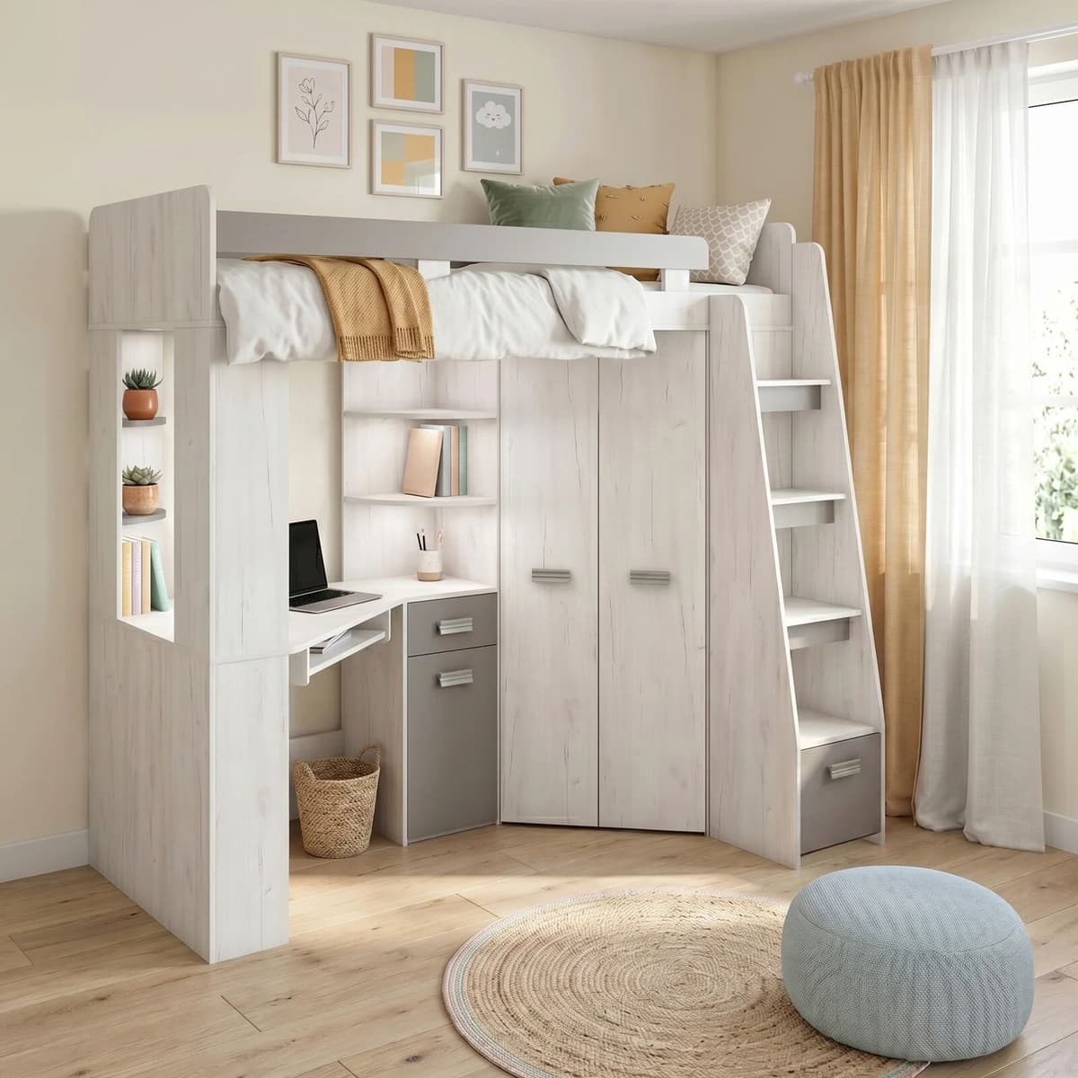 garneroarredamenti Cameretta 204x120cm 1 letto singolo completa destra bambini bianco pino grafite Dollie Gihome®
