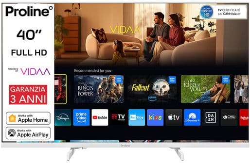 Proline PRO40WVDA SMART TV Bianco 40'' FULL HD, Sistema operativo VIDAA, Triplo tuner DVBT2/C/S2, Certificato TivuSAT, Piedini installabili in doppia pos