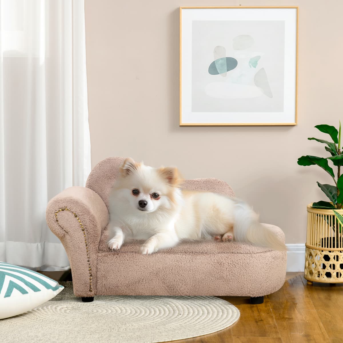 Pawhut Divano per Cani Rialzato con Spazio Portaoggetti a Scomparsa, in Legno e Tessuto Vellutato, 80x40x46 cm, Beige