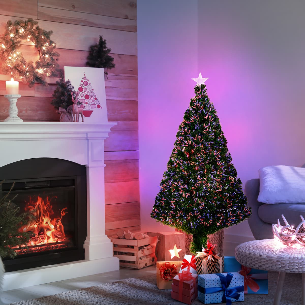 Homcom Albero di Natale Artificiale 120cm con Fibre Ottiche e Luci LED, Albero di Natale Luminoso con 130 Rami, Verde Aosom