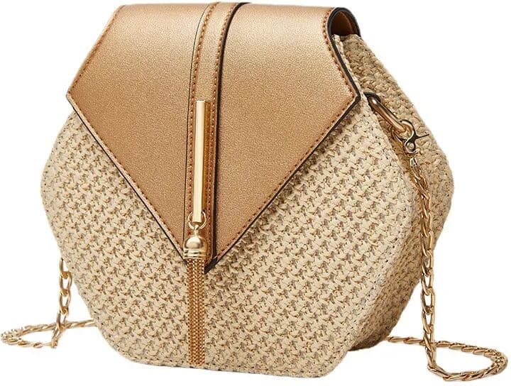 LOMA DINA Hexagon Shape Straw PU Leather Handbag Women Summer Rattan Bag Handmade Woven Beach Bohemia Chain Strap Shoulder Crossbody Bags