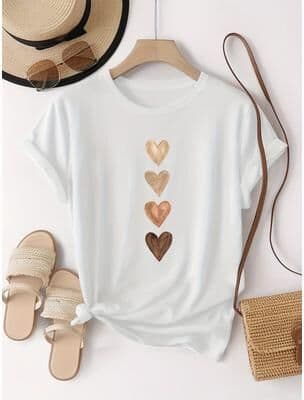 Silver Stone Store Four Heart Graphic Print Women's T Shirt, Black & Golden Casual Short Sleeve Top With Medium Stretch & Round Neck white m