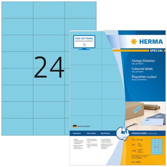 HERMA Etikett FÃ¤rgad A4 blÃ¥ 70x37 (2400)