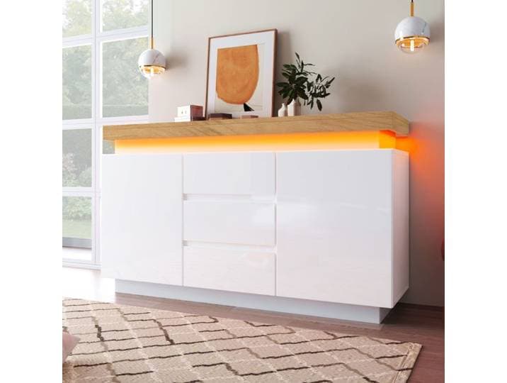 Commode - ZEVKOR - 2 Portes 3 Tiroirs - LED tactile & appli. - Blanc brillant - 140×39×81 cm