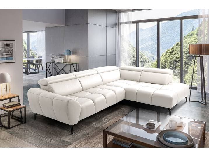 Ecksofa mit Sitztiefenverstellung Weiß Echtleder Domna 294 x 72 x 224cm Ottomane davorstehend rechts Schwarz Modern