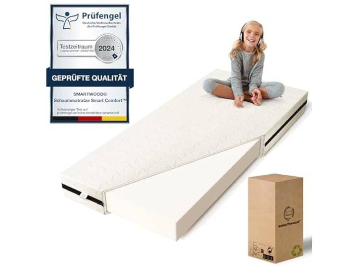 smartwood Matratze 90x180 12 cm, H2, Schaumstoff, SmartComfort Kindermatratze, Oeko-TEX, Atmungsaktiv, Antiallergisch, Abnehmbarer Bezug, Waschbar bei 40°C, Schaum Dichte 25 kg/m³, Wendbar