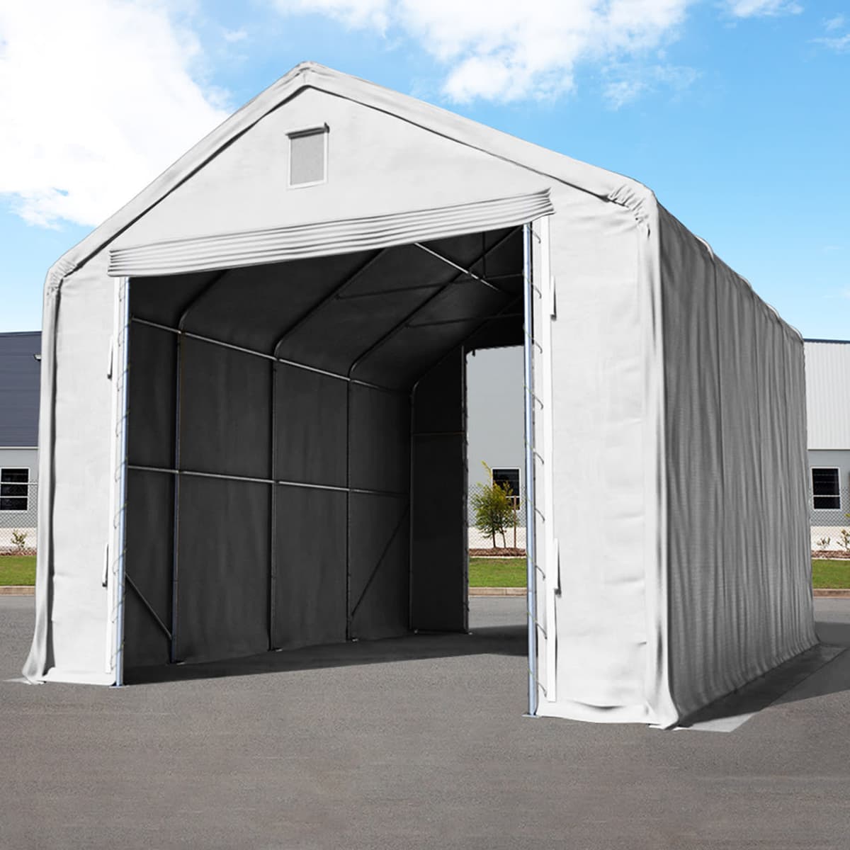 TOOLPORT 6x12m 4x3.9m Drive Through Industrial Tent, PRIMEtex 2300, grey with statics package (soft ground anchors) - (48675)