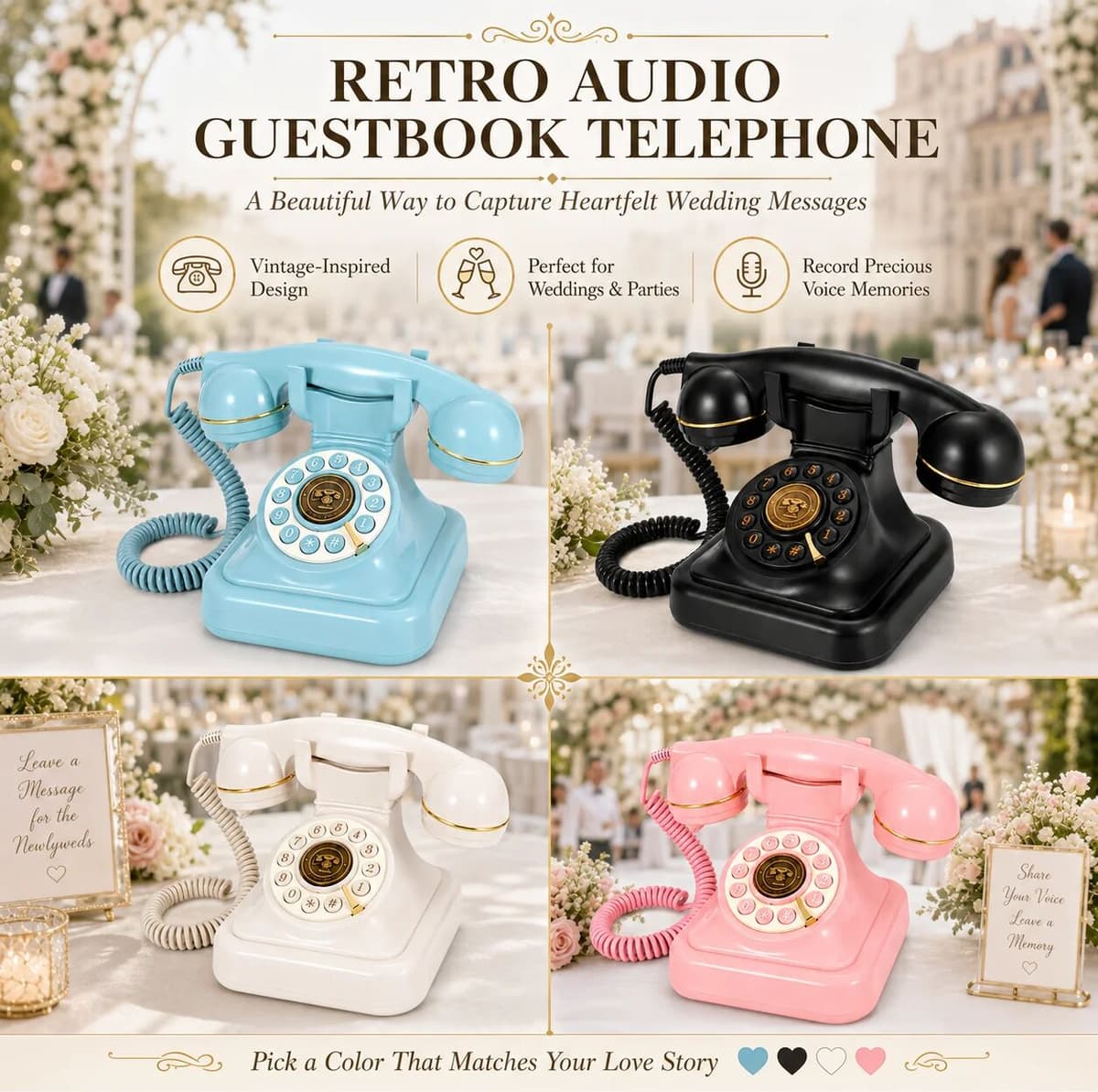 FEIYAQI Retro Audio Guestbook Phone Wedding Blessing Voice Message Recorder Voice Check-in Device for Wedding Birthday Party Love