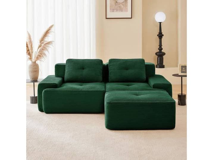 Canapé d'angle modulaire en forme L 2 places +1 pouf pour salon confort et soutien du siège bas mousse 32D hautement élastique vert