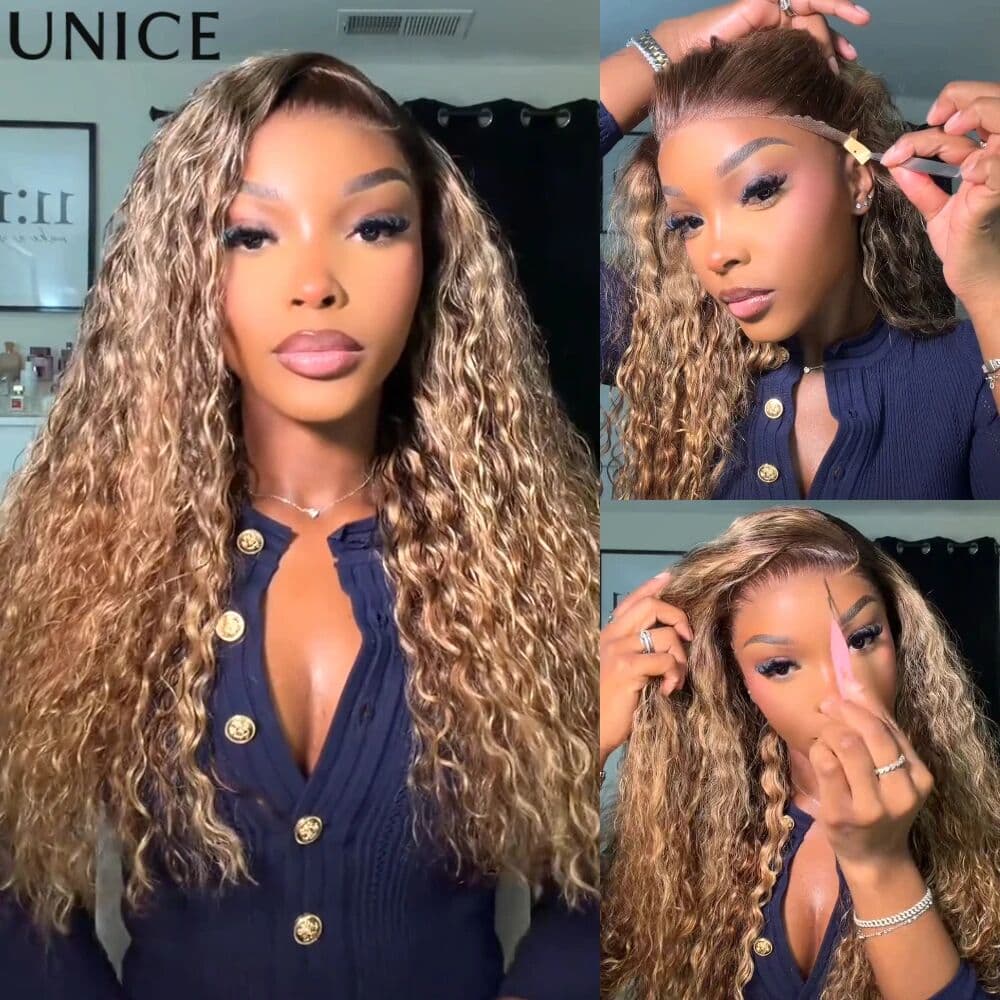 UNice Pre Everything 13x4 Lace Frontal Side Part Bronde Color With Honey Blonde Highlights Water Wave Human Hair Glueless Wigs