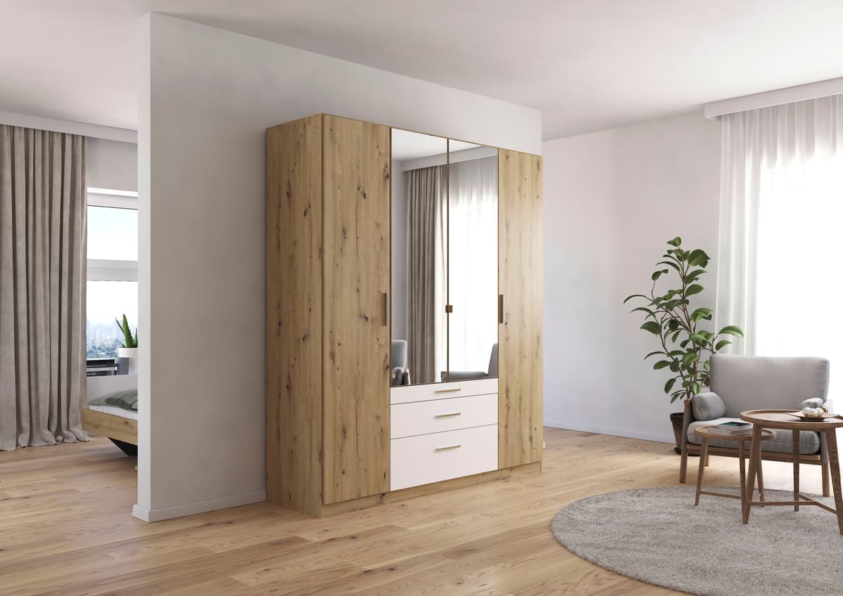 Kleiderschrank RAUCH "Schrank Drehtürenschrank Ankleide Garderobe Schlafzimmer MOSBACH", braun (eiche artisan, alpinweiß), B:181cm H:210cm T:56cm, Holzwerkstoff, Schränke, Kleiderschrank, mit Spiegel und farblich abgesetzten Schubladen MADE IN GERMANY