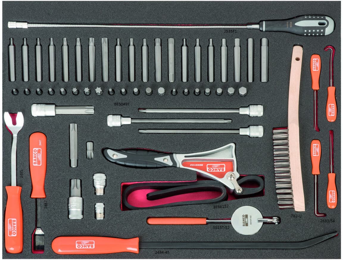Conjunto de sovelas, ganchos, raspador, pinça de recolha magnética e pontas TORX em inserção de espuma marcada a laser 3/3 Fit&Go - 60 peças Bahco