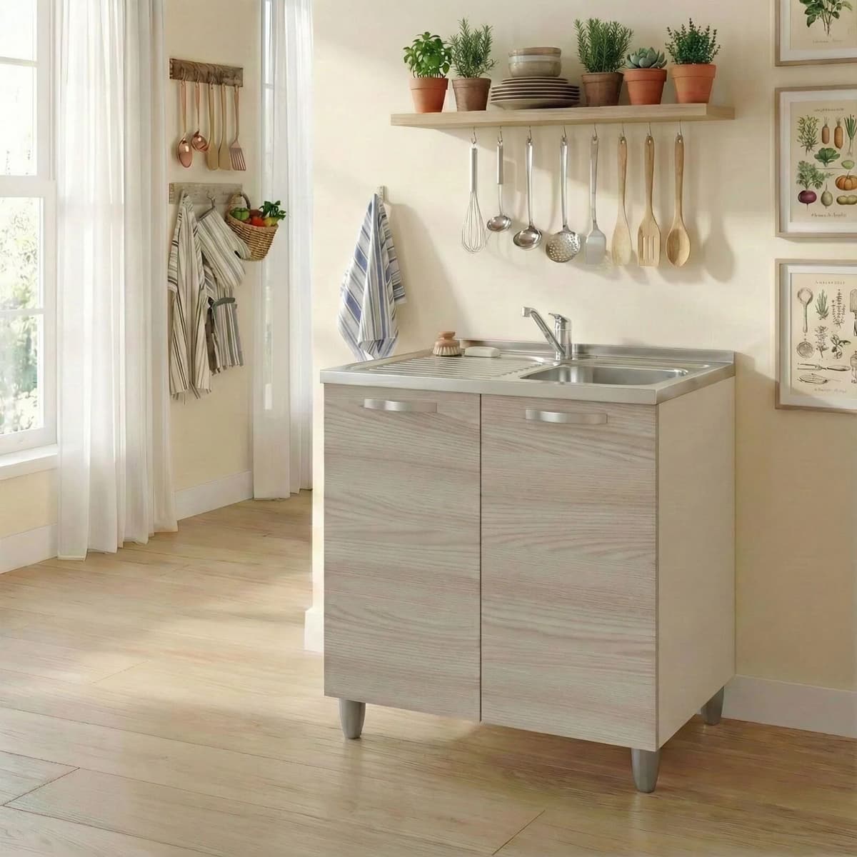 garneroarredamenti Mobile sottolavello cucina 80x86h cm multiuso con lavello 1 vasca destra acciaio inox rovere olmo Talise