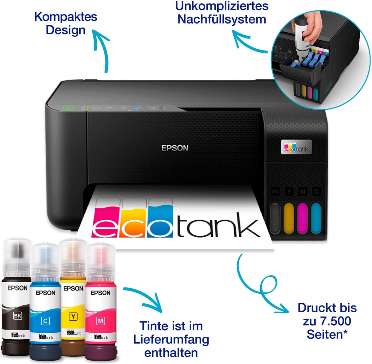 Epson Multifunktionsdrucker "EcoTank ET-2862", schwarz, B:37,5cm H:17,9cm T:34,7cm, Drucker, Einfaches, unkompliziertes Tintentanksystem zum Nachfüllen, Multifunktionsdrucker
