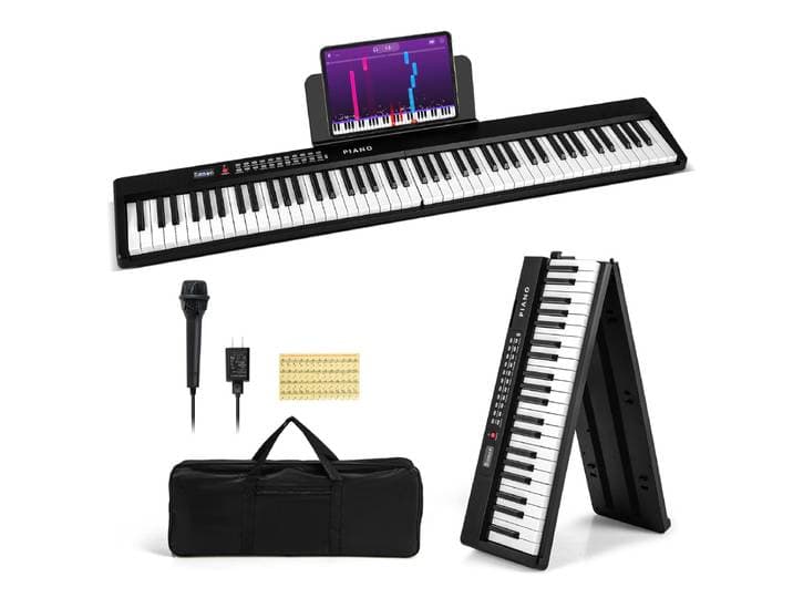 Keyboard Piano 88 Toetsen Inklapbare Digitale Piano met 1000 Ritmes 1000 Tonen Bluetooth MIDI Piano voor Kinderen met Microfoon-Zwart