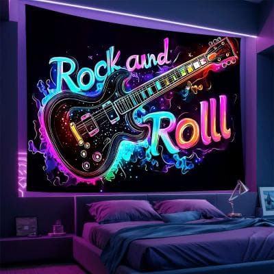 Inspired Living Neon Guitar Tapestry For Bedroom, Studio And Rock Bar Decor 75x58cm(2.5x1.9ft