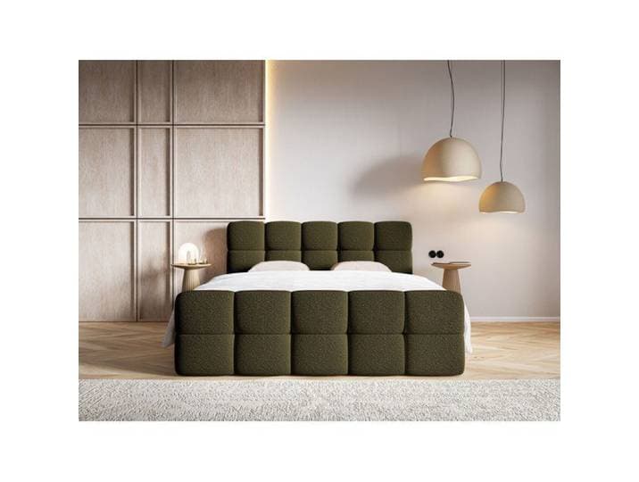 Lit continental - SELSEY - CLOUDY - 180x200 cm - bouclette vert olive - matelas bonell & topper 5 cm