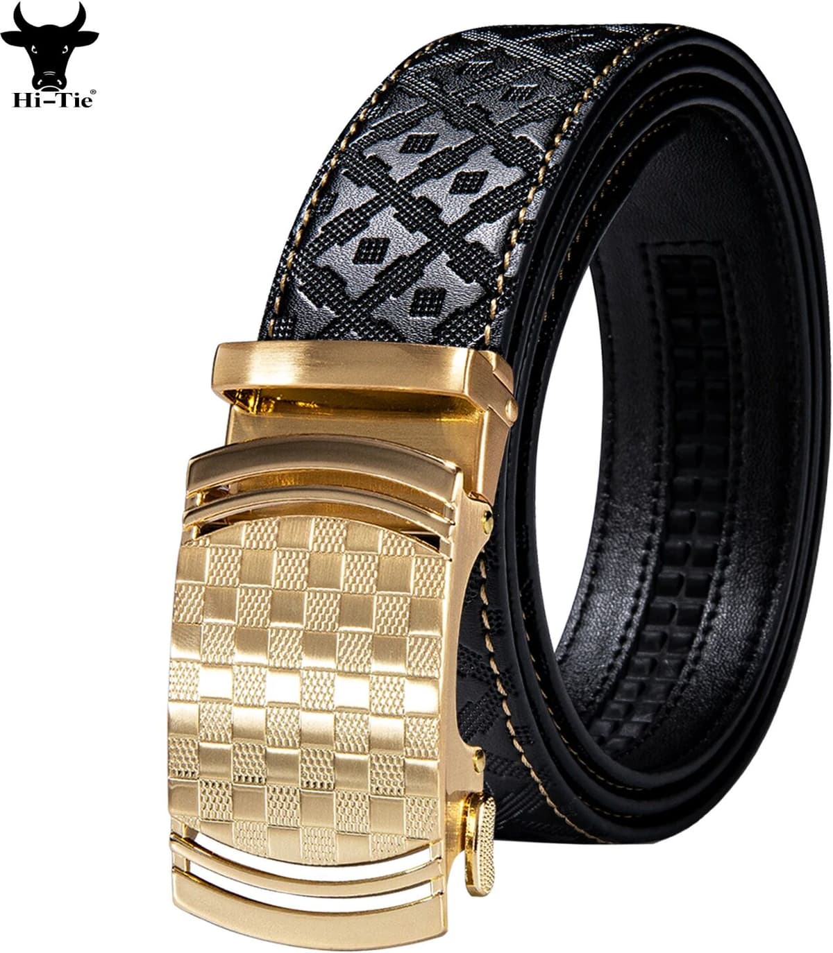 Hi-Tie Designer Black Leather Mens Belts Emboss Ratchet Strap Waistband Automatic Buckles Sliding Dress Jeans Belt for Men 110CM-130CM