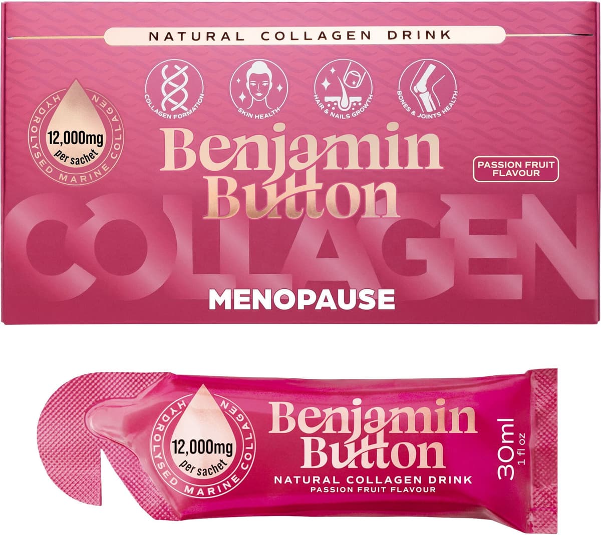 Benjamin Button 12,000mg Marine Collagen Drink - Passionfruit Liquid Sachets - Menopause Support