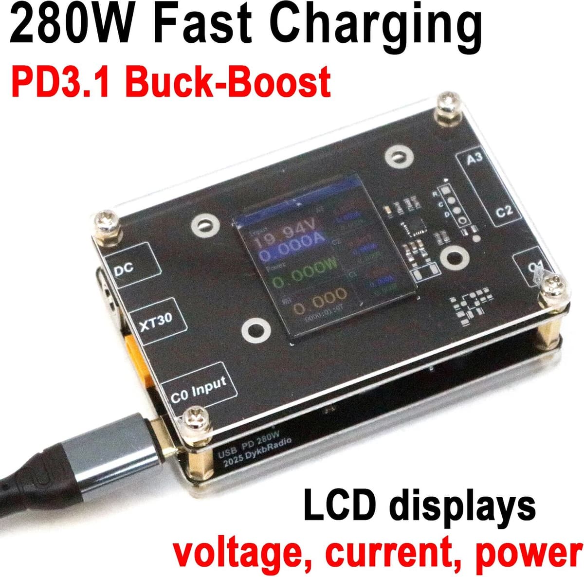 DYKBmetered PD3.1 280W Fast Charger LCD Display Buck-Boost PD 140W Car Charging XT30 DC TO TYPEC USB Phone Laptop Power Bank Charge Station