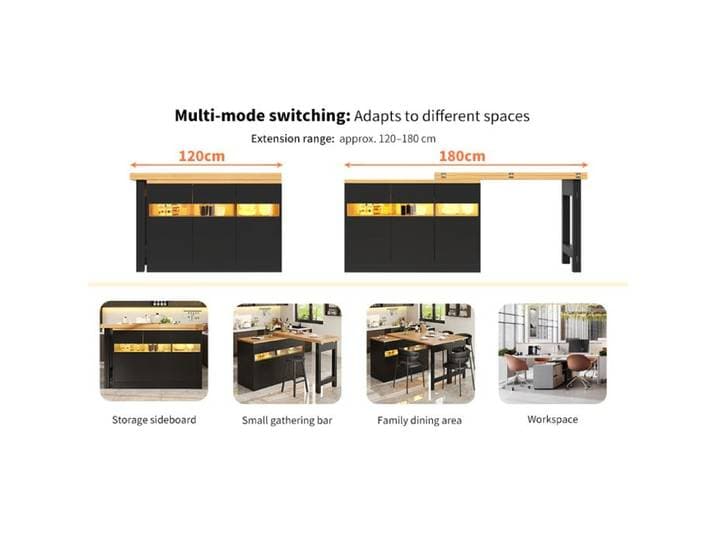 WOVREO îlot central extensible 120-180 cm avec LED rangement intégré portes vitrées MDF noir et naturel
