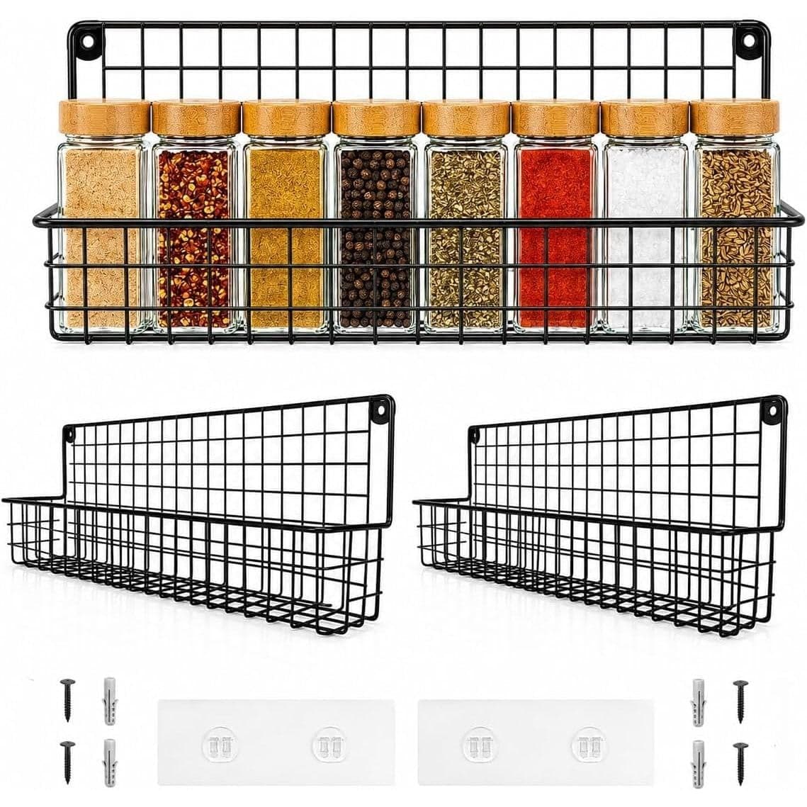 Set van 2 Kruidenrekken Zwart - Keukenrek voor Muurbevestiging zonder boren