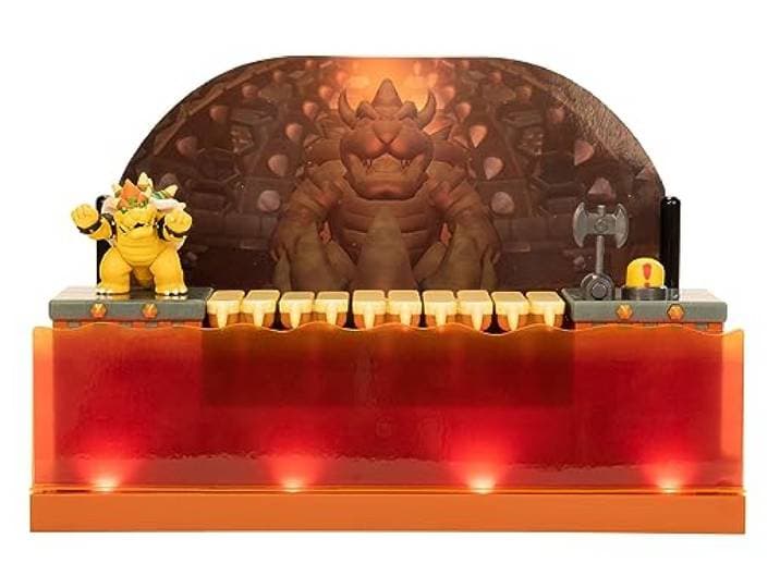 Super Mario - Strijd met Bowser - Officiële licentie - Set met brugscène en Bowser-figuur - Geluidseffecten en muziek - Gloeiende lava - Ideaal voor fans - Vanaf 3 jaar oud