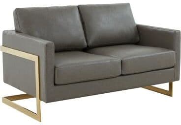 LeisureMod Lincoln Mid-Century Modern Leather Loveseat, Gold Steel Frame Legs, Upholstered 2-Seat Couch for Small Spaces & Living Room