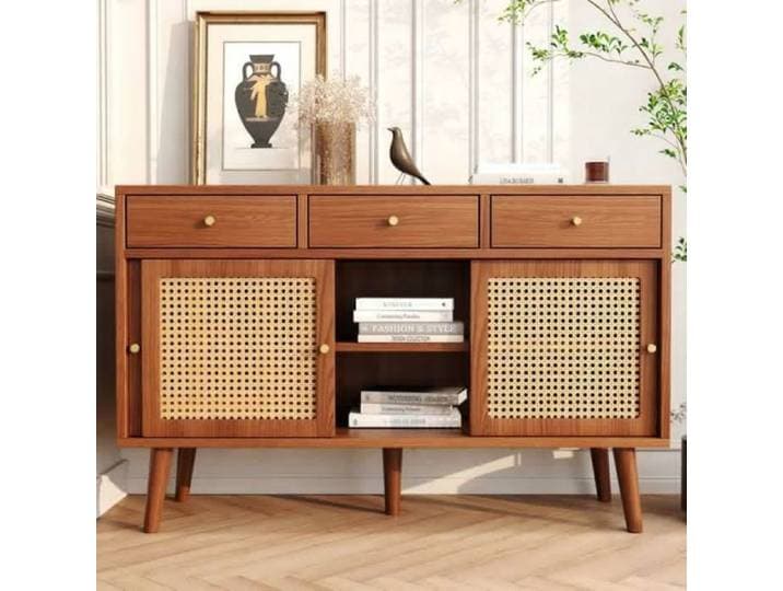 Buffet - URBAN MEUBLE - Style vintage - Effet noyer - 3 tiroirs et 3 portes coulissantes en rotin Marron Marron BUFFET