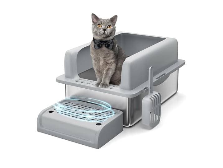Bac à litière pour chat en acier inoxydable, plateau à litière Extra Large pour grands chats avec marche à plate-forme, cuillère, fond antidérapant, nettoyage facile