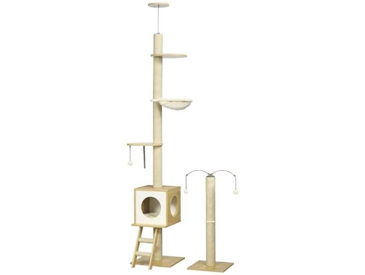 Arbre à chat sol au plafond hauteur réglable 225-285 cm avec poteau à gratter 4 niveaux niche hamac échelle jeux beige