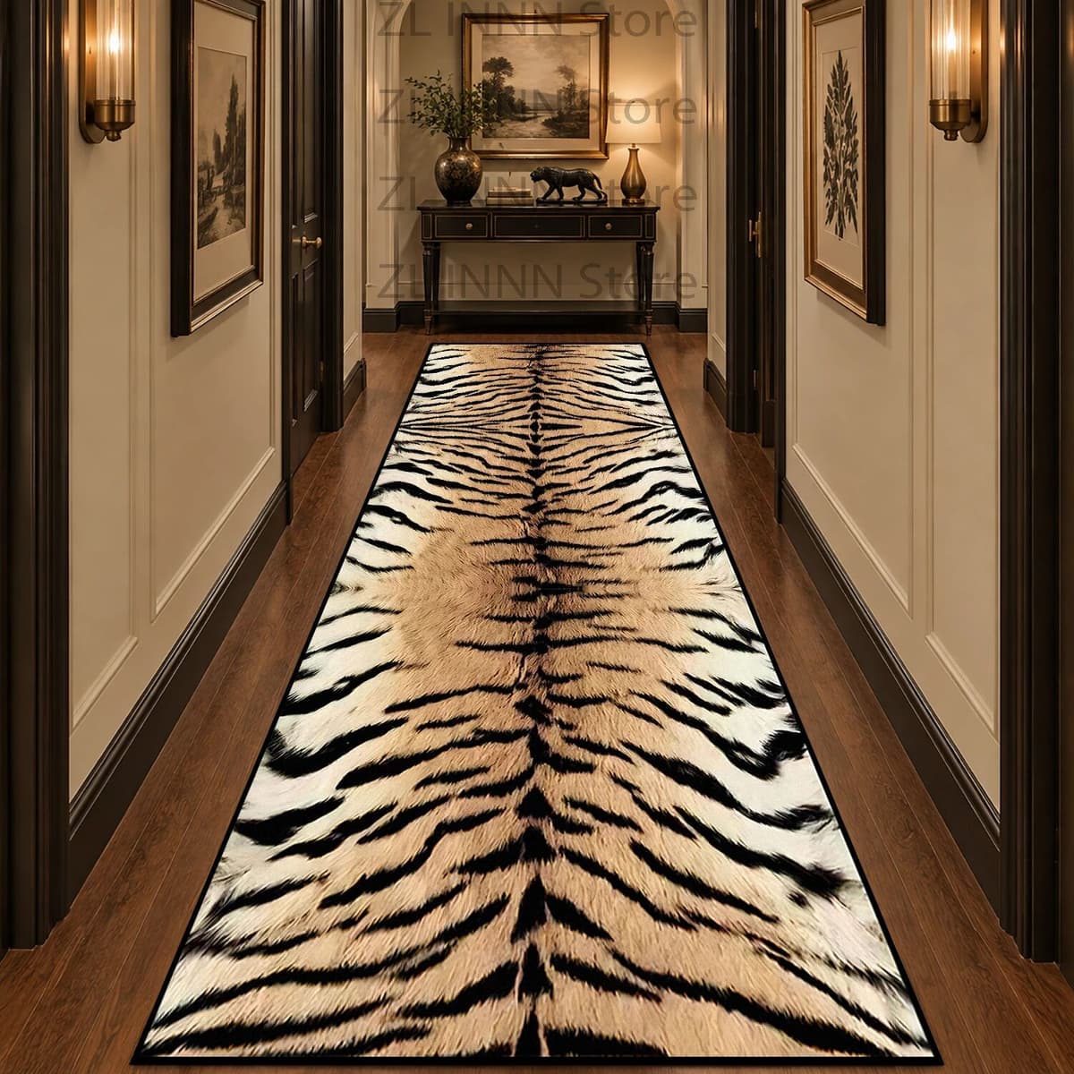 NONE Tiger Print Runner Rug Vintage Safari Animal Striped Pattern Non Slip Washable Hallway Corridor Carpets Foldable Durable Mat