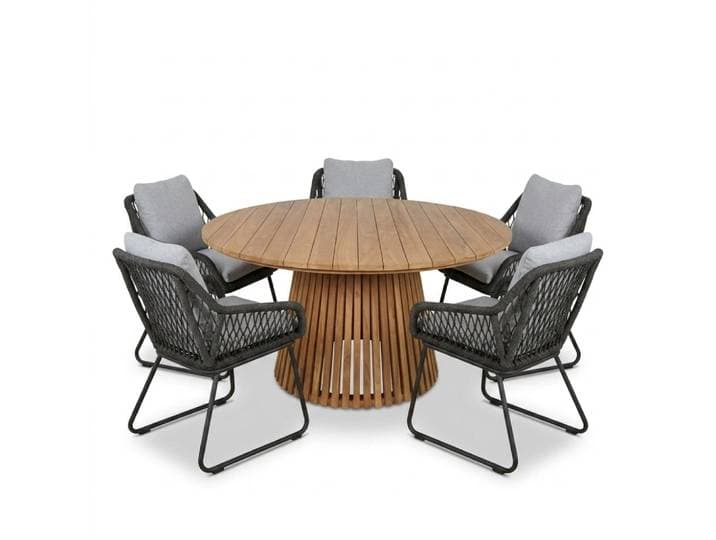 Palau/Portofino Stone Grey dining tuinset 5 personen teakhout + touw Ø140cm rond