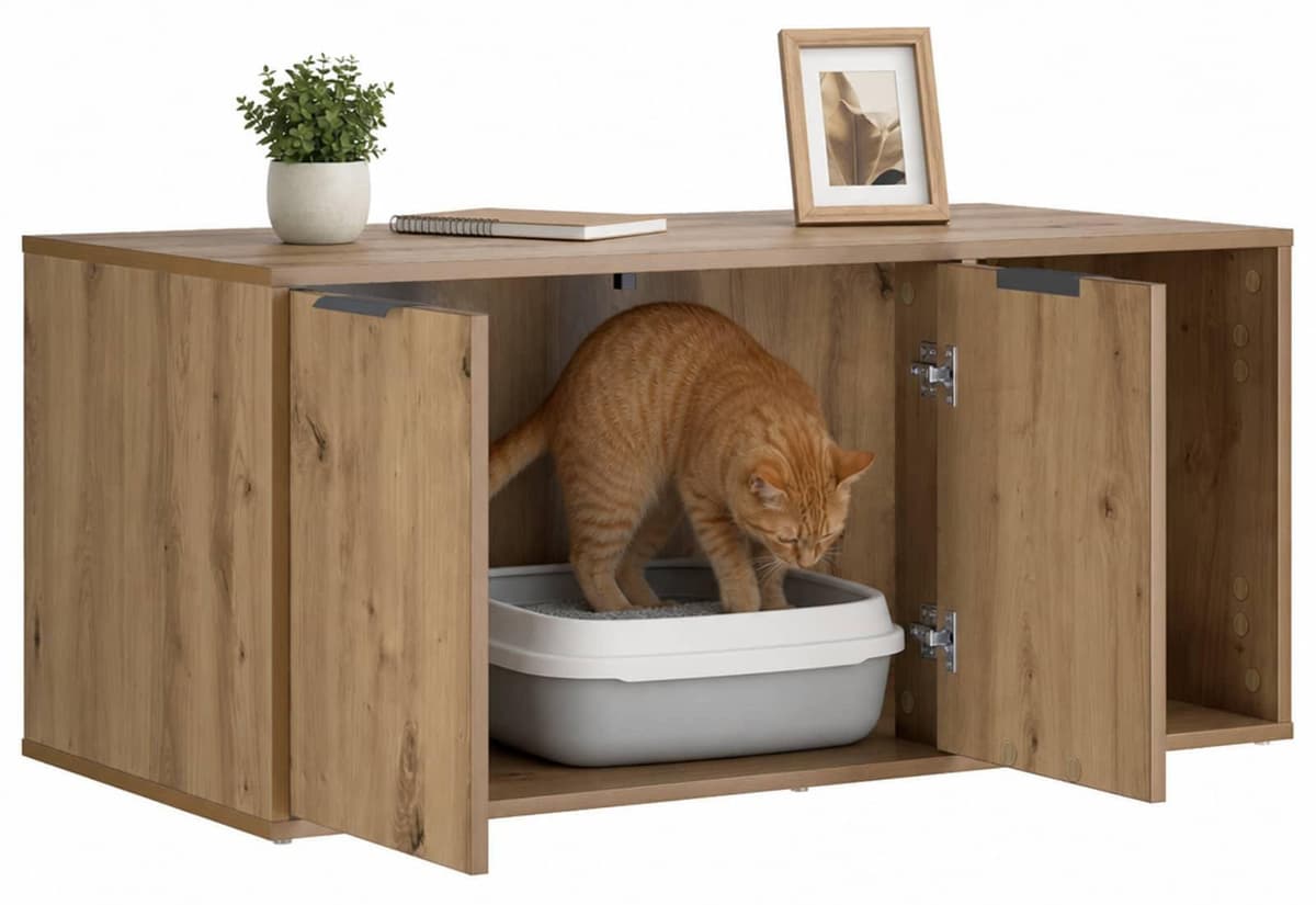 Syfax Kattenmand meubel van ambachtelijk eikenhout, B/D/H: 100 x 49 x 45 cm