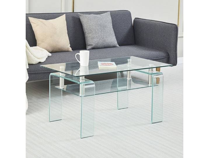 Table basse à 2 niveaux en verre trempé - Table moderne avec pieds en verre - Table d'appoint Rectangulaire 100x55x45 cm Transparent
