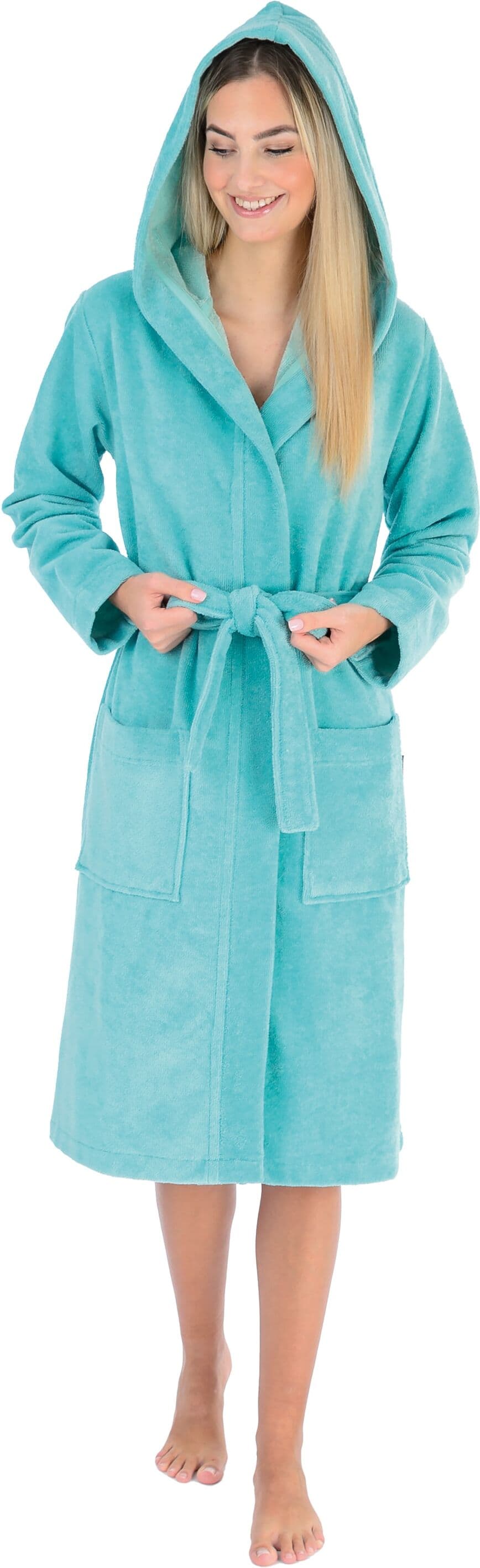 Damenbademantel WEWO FASHION "4110" Gr. M, blau (glacier), L:110cm, Baumwoll-Mix, Hausmäntel, Damenbademantel, innen Naturfaser, aussen kuschelig glacier M L: 110cm, N-Gr
