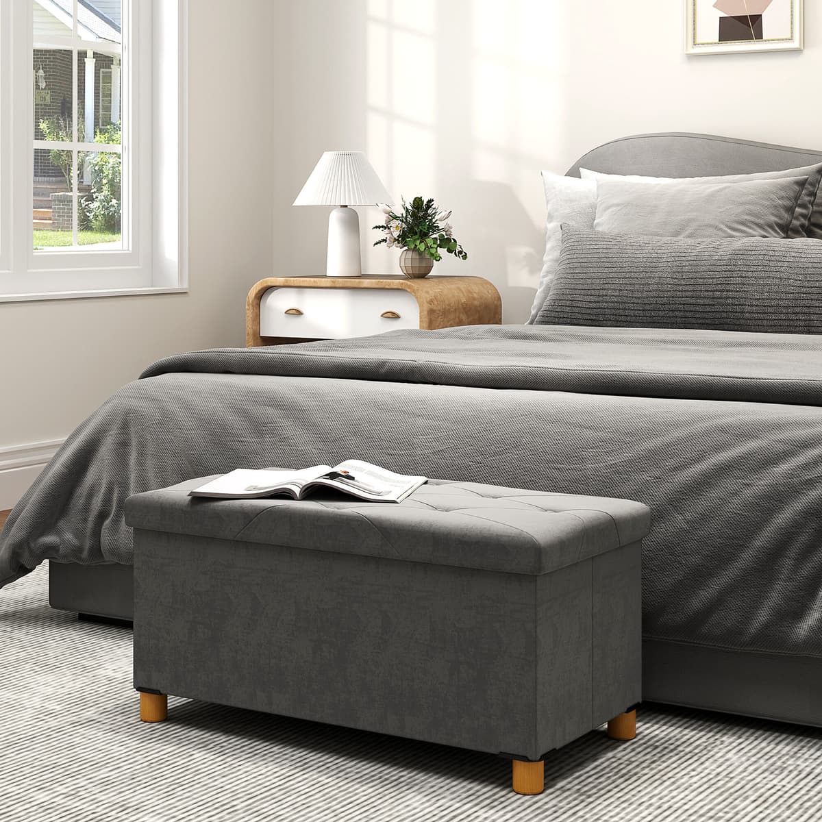 Altro Panca Contenitore Pieghevole Da 67l, Coperchio Imbottito E Rivestimento Vellutato, 76x38x38cm, Grigio