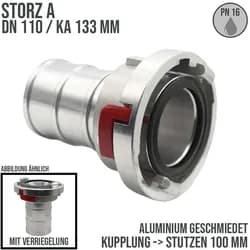 STORZ A DN 110 KA 133 Saug Druck Kupplung -> Stutzen Tülle DN100 mit Verriegelun...