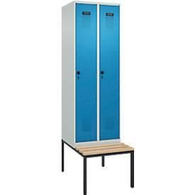 Kleiderspind C+P Evolo Plus, 2 Abteile mit je 300 mm Breite, Unterbau-Sitzbank, B 600 x T 815 x H 2120 mm, Drehriegel, lichtgrau/lichtblau